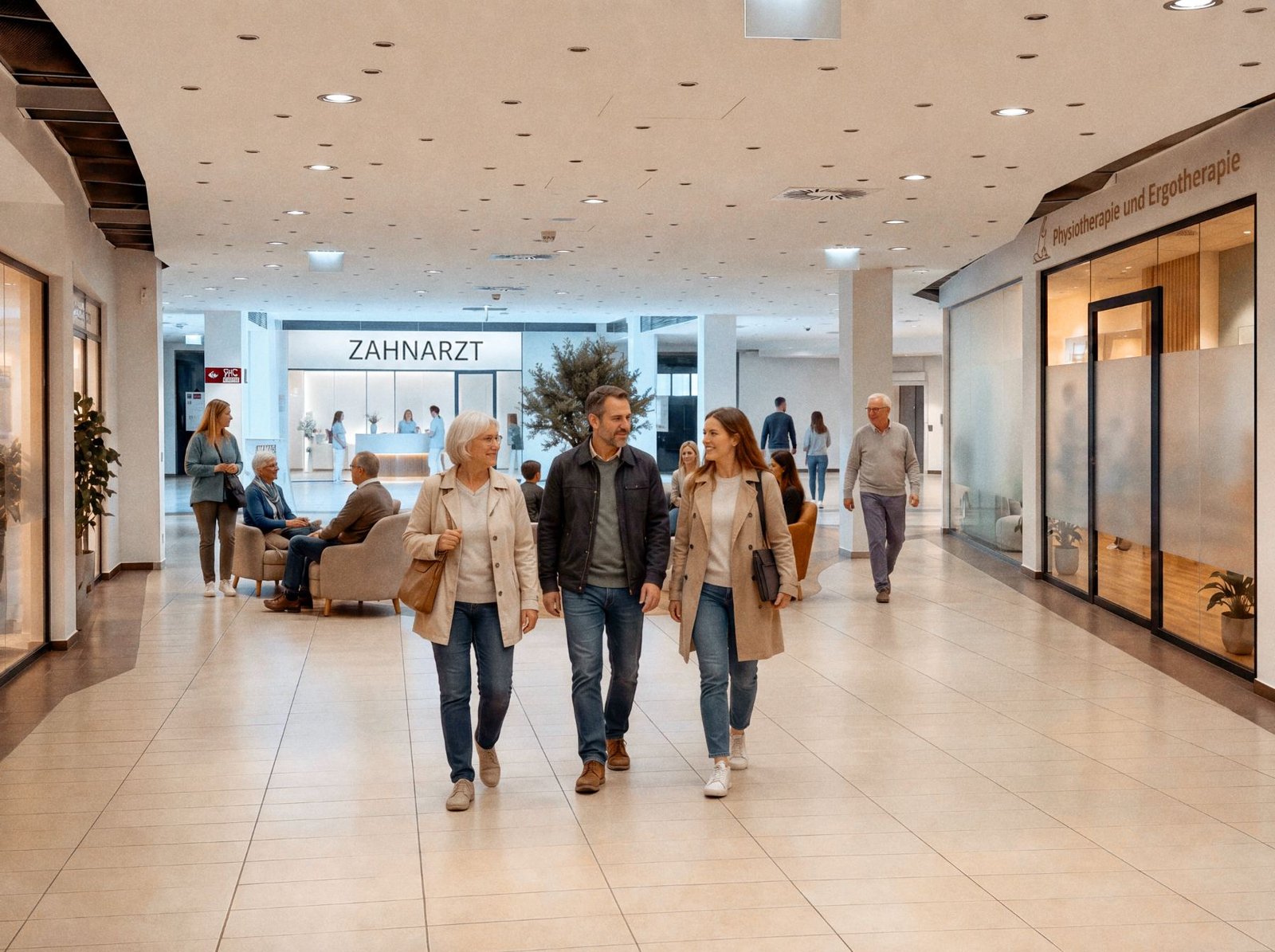 Offene Mall-Ebene mit Tageslicht, breiten Wegen und Aufenthaltszonen